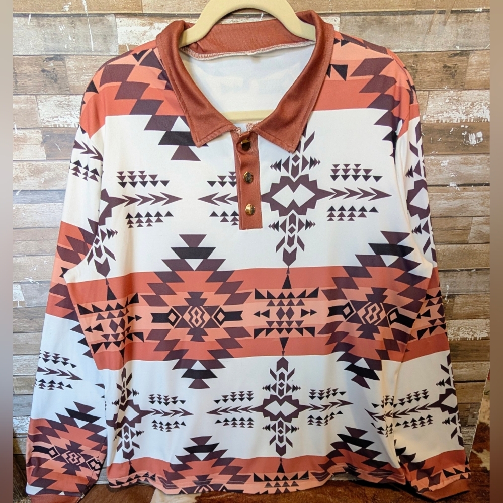 New Brown & White Aztec Top With Metal Buttons